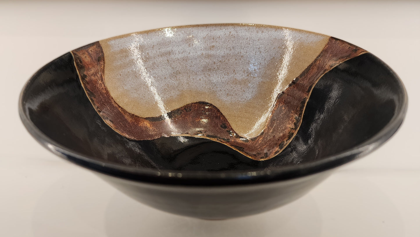 11" Large Flared Obsidian, Opal, and Copper Wave Bowl