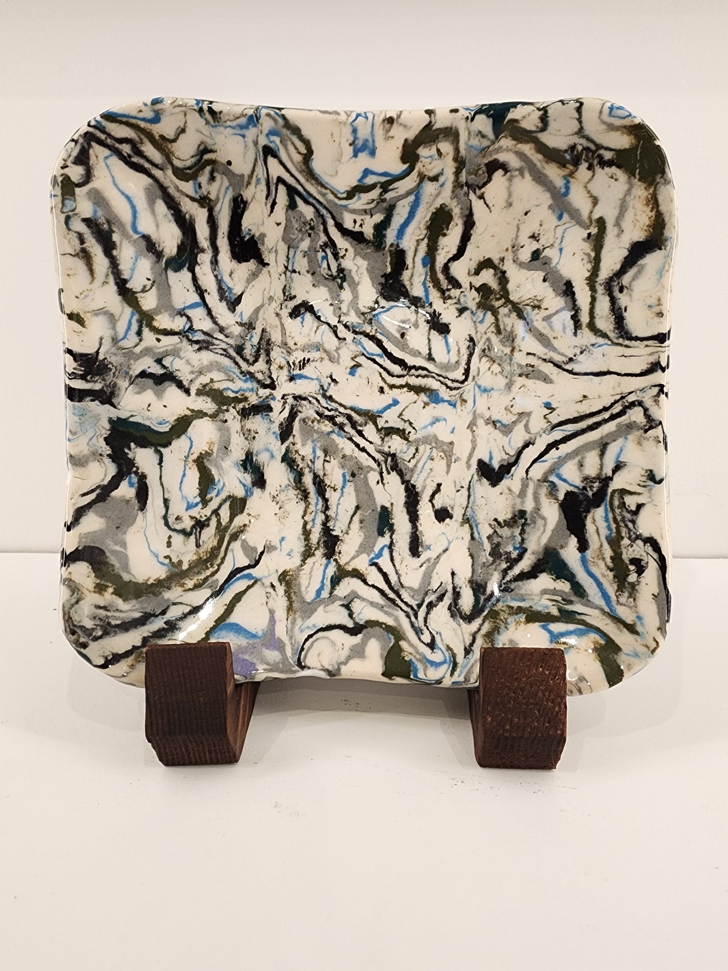 6" x 6" Nerikomi Shallow Bowl in White, Silver, Black, and Blue