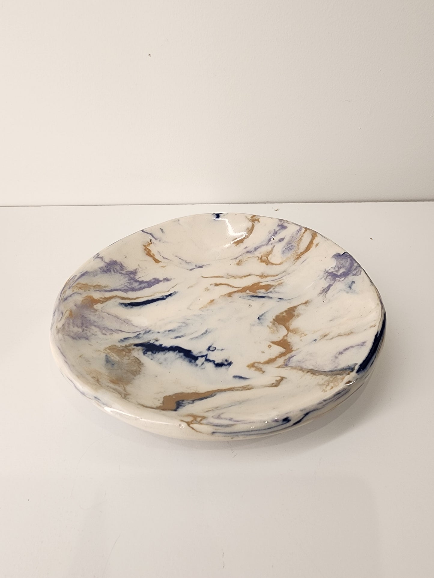 5.5" Nerikomi Porcelain Plate or Shallow Bowl in White, Gold, and Blue