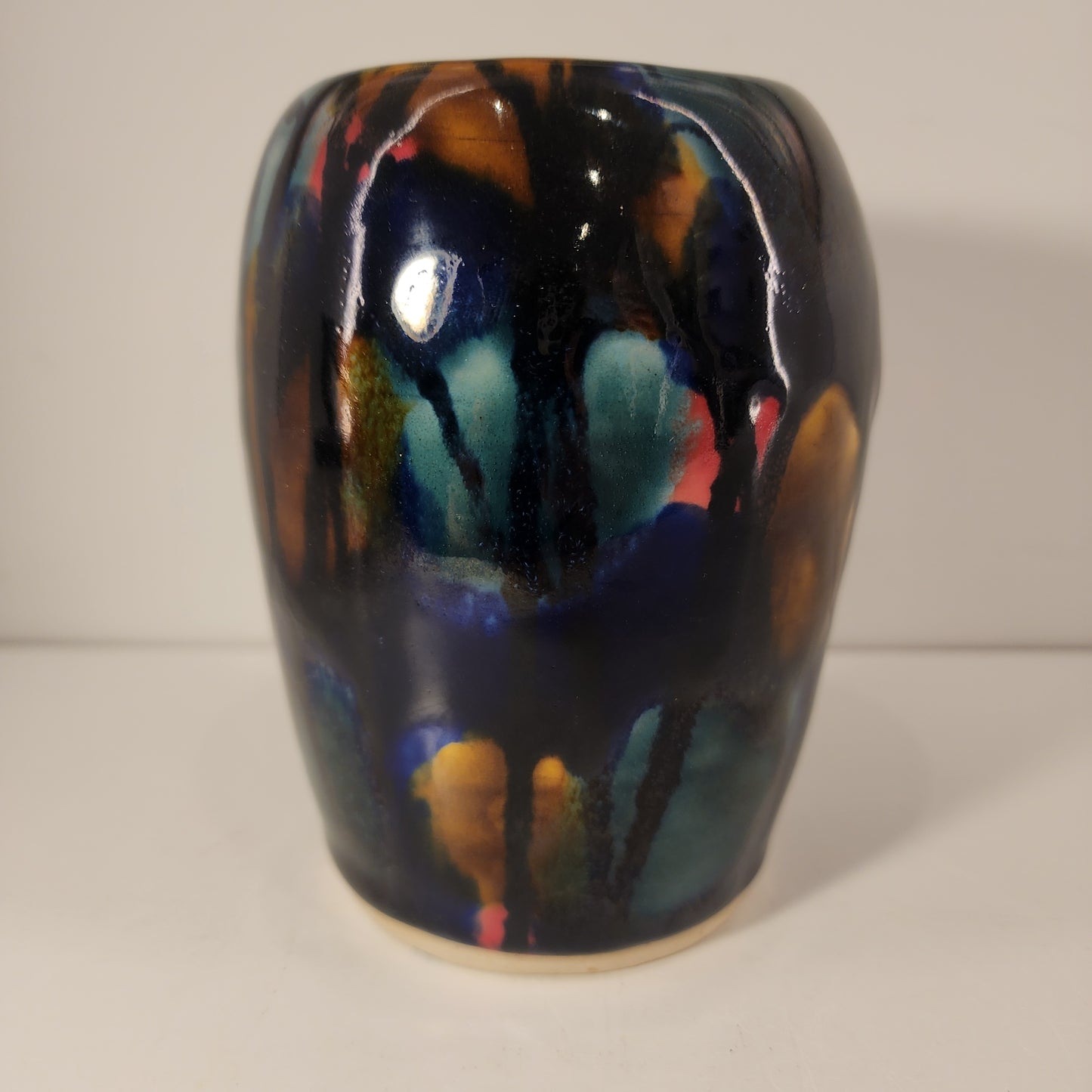 5" x 4" Deep Stained Glass Brown, Green, Red, and Blue Swirlware Vase