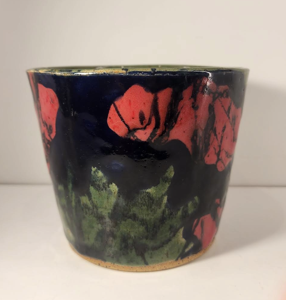 4.5" x 5" Dark Green, Blue, and Red Swirlware Cachepot
