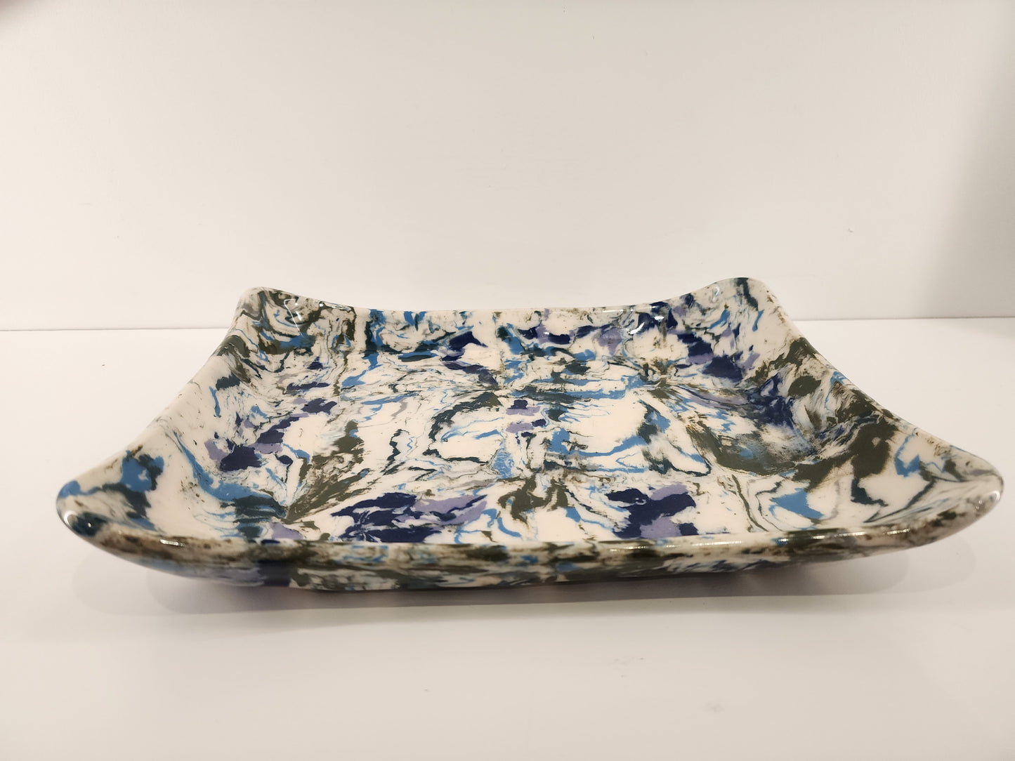 10" x 7.5 Porcelain White, Blue, and Olive Nerikomi Medium Platter