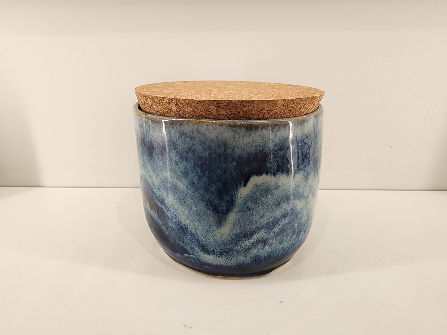 6" x 5" Flowing Blue and White Cylinder Canister with Cork Topper