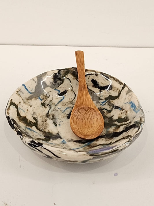 3.5" x 1.5" Small Porcelain Nerikomi Condiment Bowl with Wooden Spoon in White, Blue, Black and Lavender