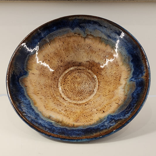 Ceramic plate with blue rim and brown center on a light background