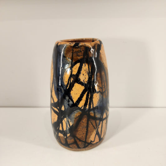 6" x 3.5" Salmon, Brown, and Dark Blue Swirlware Vase