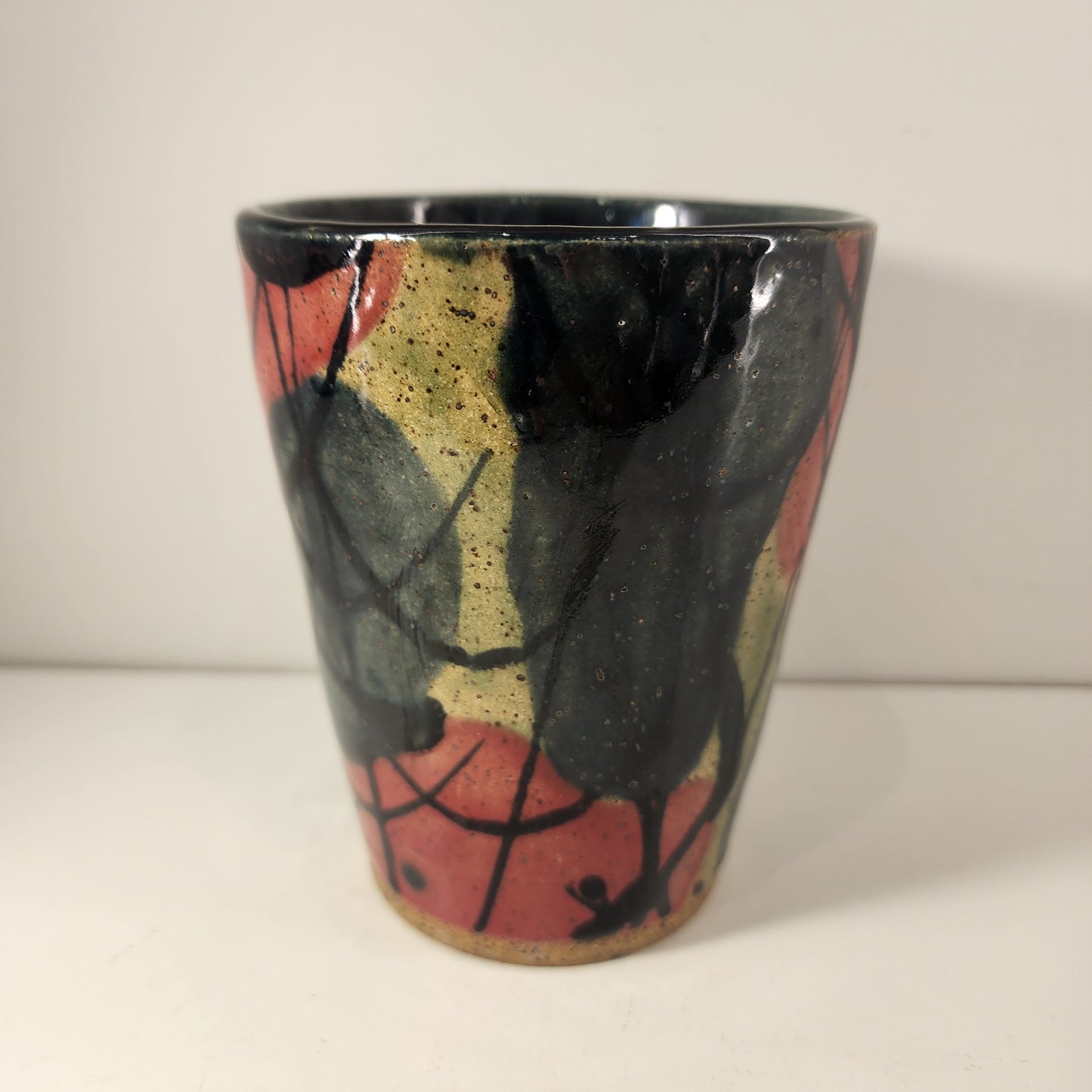 4.75" x 3.75" Flared Red, Olive and Dark Blue Swirlware Vase