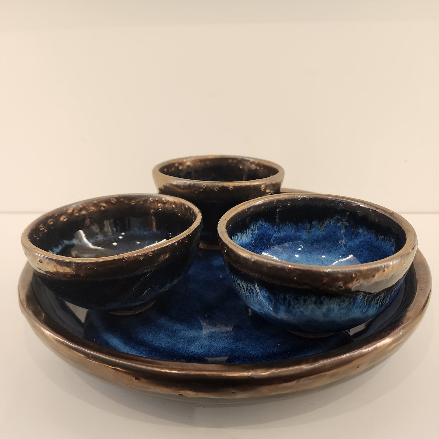 10" Blue and Gold Condiment Set with Plate and Three 4" Bowls