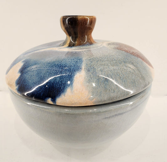 5.5" x 5" Lidded Soft Blue and Multicolor Bowl