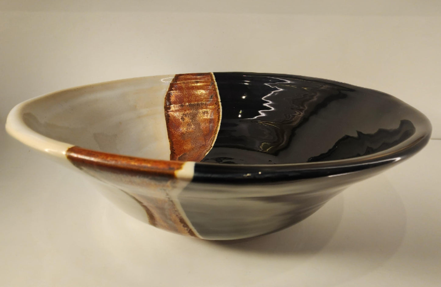 Large 10" Black , Opal, and Copper Flowing Wide Bowl